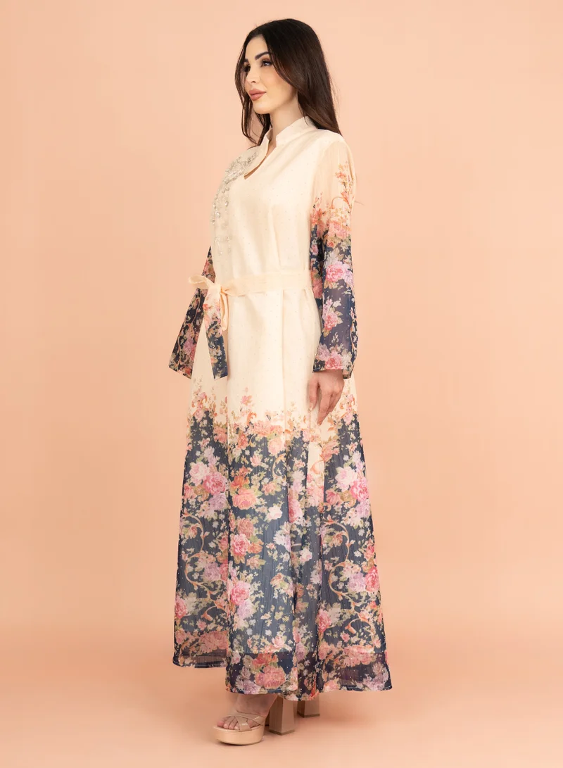 IKKXA Floral Belted Embroidery Jalabiya  IK2019 Blue