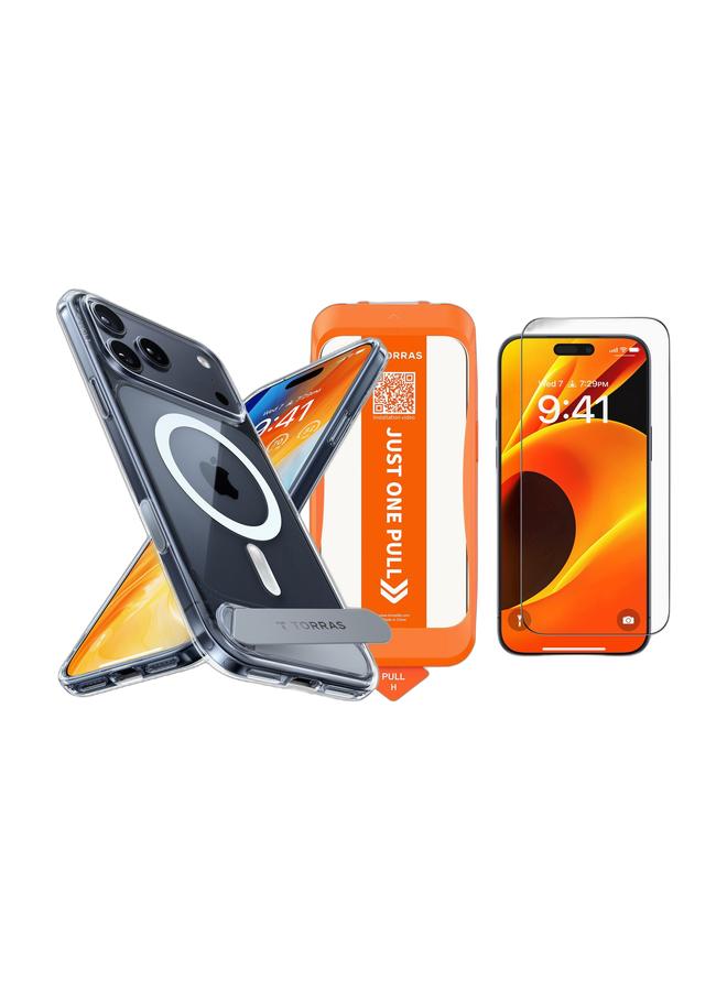 TORRAS حافظة شفافة من سلسلة P-Stand لجهاز iPhone 17 Pro – قاعدة مغناطيسية قابلة للطي، 18N مغناطيس، حماية عسكرية بارتفاع 12 قدم - شفافة & حامي شاشة من سلسلة Install Master لجهاز iPhone 17 Pro – زجاج فضائي 9H+، تغطية كاملة، خالية من الفقاعات - حزمة شفافة - Image 1