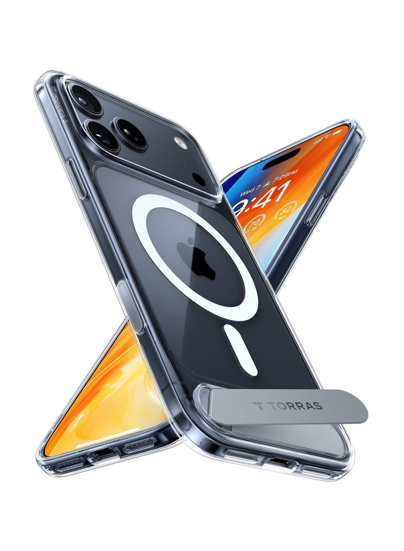 TORRAS حافظة شفافة من سلسلة P-Stand لجهاز iPhone 17 Pro – قاعدة مغناطيسية قابلة للطي، 18N مغناطيس، حماية عسكرية بارتفاع 12 قدم - شفافة & حامي شاشة من سلسلة Install Master لجهاز iPhone 17 Pro – زجاج فضائي 9H+، تغطية كاملة، خالية من الفقاعات - حزمة شفافة - Image 2
