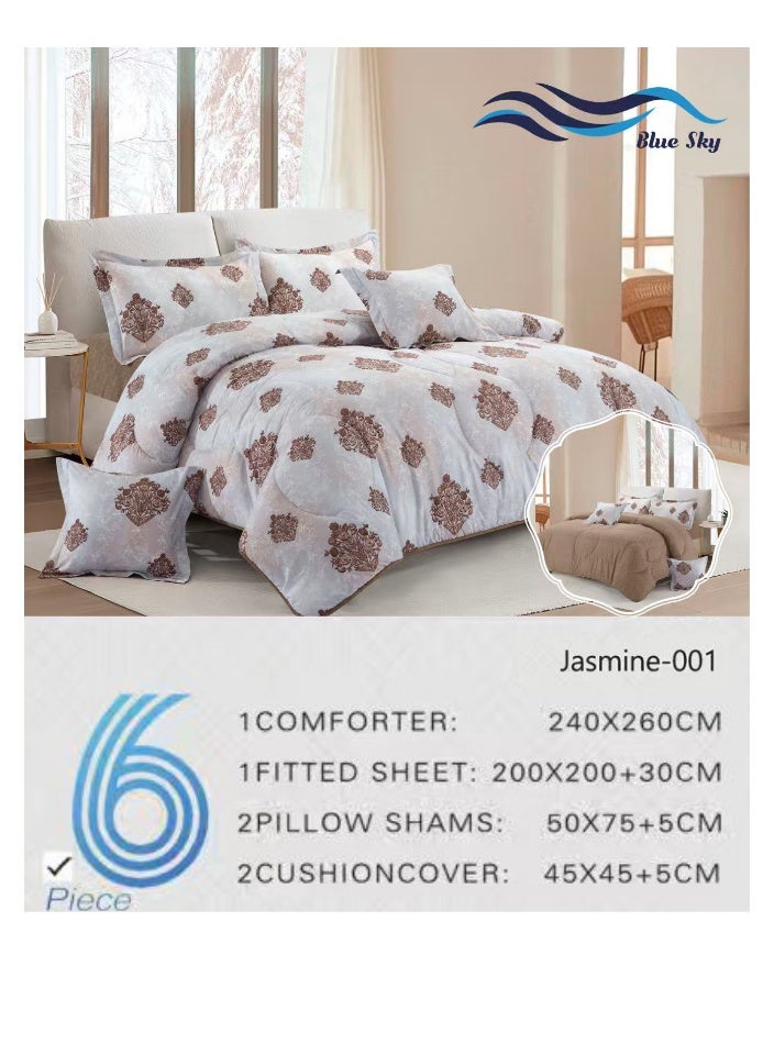 بلو سكاي مفرش سرير نفرين فخم من المايكروفايبر 100% ، غطاء سرير ، قابل للإستخدام على الوجهين، طقم مفارش بحشوة دبل  ، طقم نوم يتكون من 6 قطع ( مفرش بحشوة + شرشف مطاط للمرتبة + واقي مخدة + كيس مخدة + وسادة مربعة + كيس للوسادة المربعة  ) مقاس المفرش 240X260 سم ومقاس المغاط 200x200 سم ( اللون نفس الصورة) - Image 4