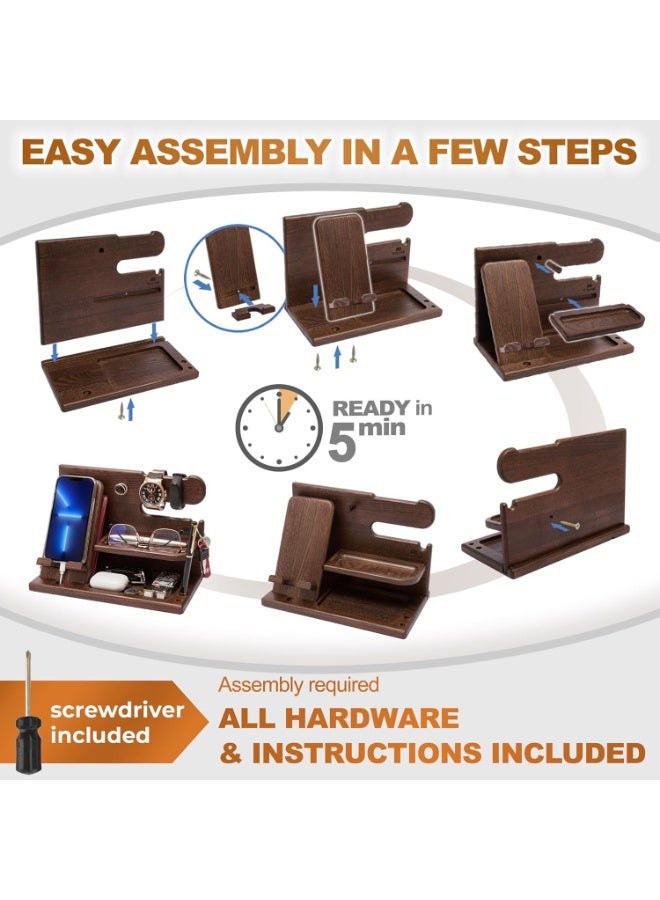 Wood Phone Docking Station for Men - Desk or Nightstand Organizer - Birthday Gifts for Husband, Dad - Anniversary Idea from Wife - Key Holder, Stand Wallet, Watch & Essentials (Brown) - Image 3