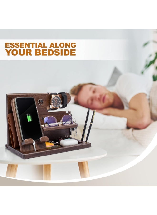 Wood Phone Docking Station for Men - Desk or Nightstand Organizer - Birthday Gifts for Husband, Dad - Anniversary Idea from Wife - Key Holder, Stand Wallet, Watch & Essentials (Brown) - Image 2