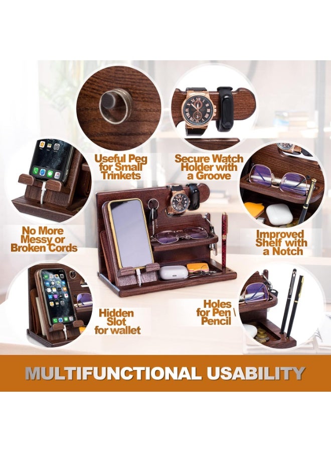 Wood Phone Docking Station for Men - Desk or Nightstand Organizer - Birthday Gifts for Husband, Dad - Anniversary Idea from Wife - Key Holder, Stand Wallet, Watch & Essentials (Brown) - Image 4