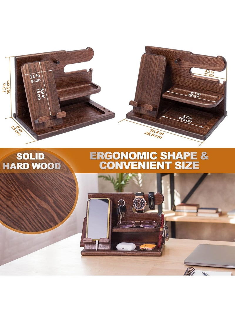 Wood Phone Docking Station for Men - Desk or Nightstand Organizer - Birthday Gifts for Husband, Dad - Anniversary Idea from Wife - Key Holder, Stand Wallet, Watch & Essentials (Brown) - Image 5