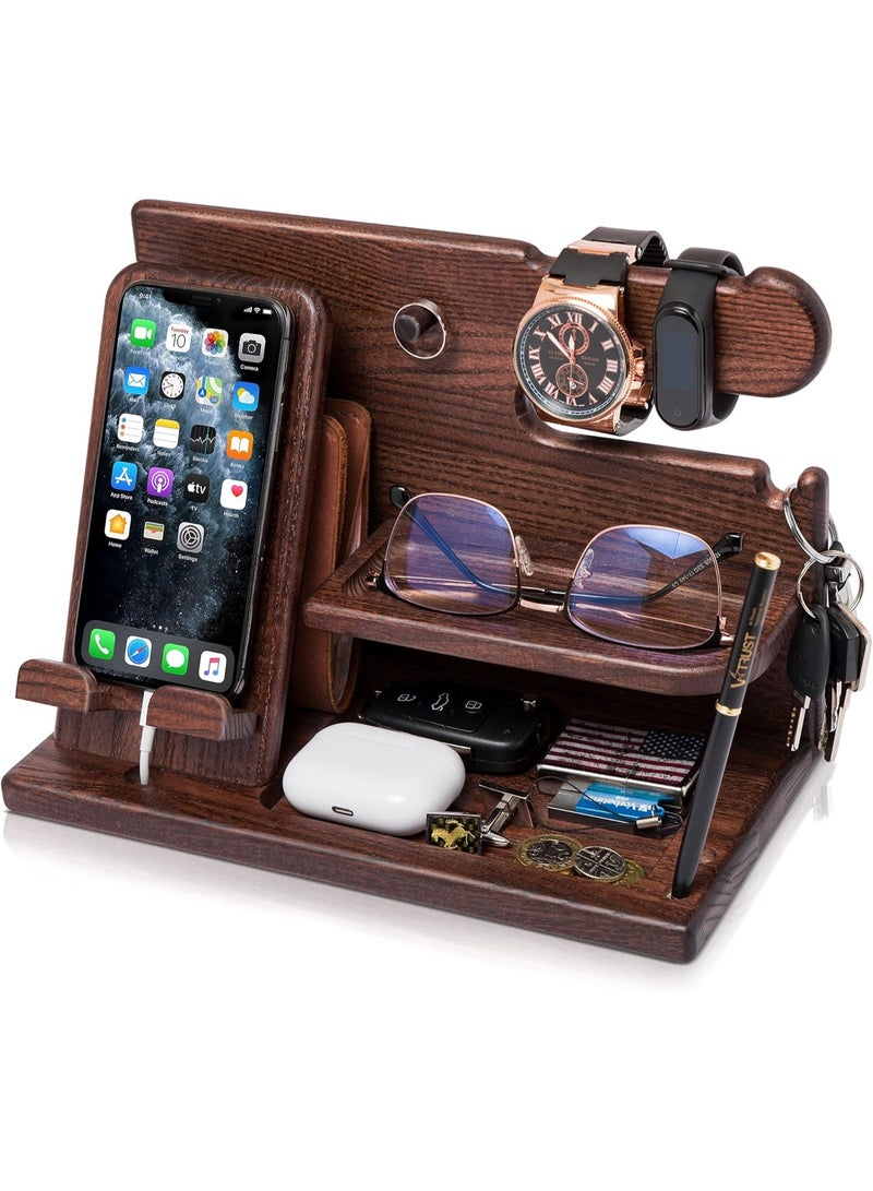 Wood Phone Docking Station for Men - Desk or Nightstand Organizer - Birthday Gifts for Husband, Dad - Anniversary Idea from Wife - Key Holder, Stand Wallet, Watch & Essentials (Brown) - Image 1