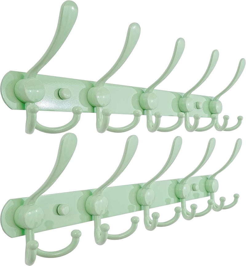 Dseap Coat Rack Wall Mounted - 5 Tri Hooks, Heavy Duty, Stainless Steel, Metal Coat Hook Rail for Coat Hat Towel Purse Robes Mudroom Bathroom Entryway (Green, Pack of 2) - Image 1