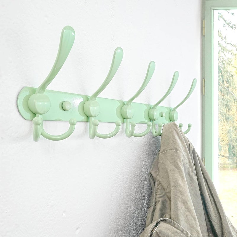 Dseap Coat Rack Wall Mounted - 5 Tri Hooks, Heavy Duty, Stainless Steel, Metal Coat Hook Rail for Coat Hat Towel Purse Robes Mudroom Bathroom Entryway (Green, Pack of 2) - Image 3