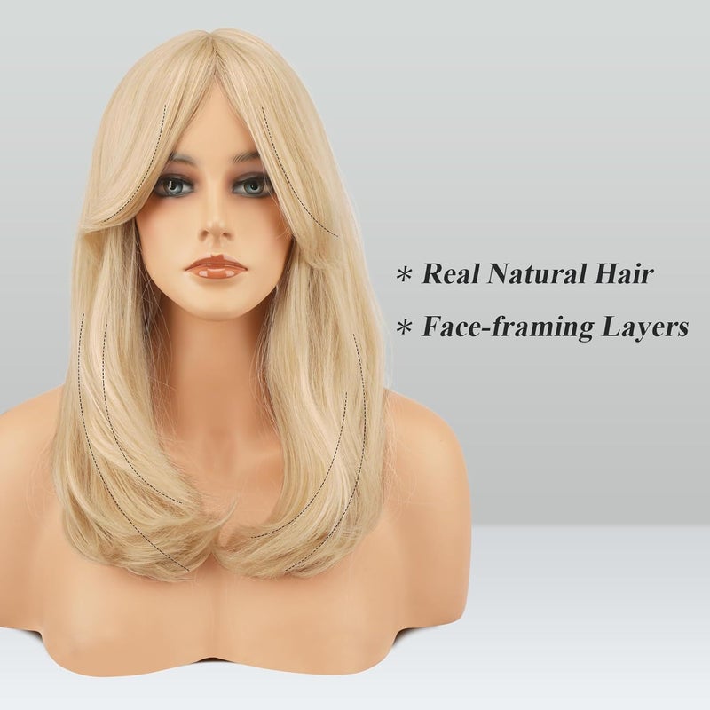 45cm Women's Wigs Sexy Wavy Wigs with Bangs Ladies Blonde Mix Heat Resistant Synthetic Hair Wig Natural Looking Breathable Comfortable Hair Cap for Daily Life Work Party Cosplay - Image 2
