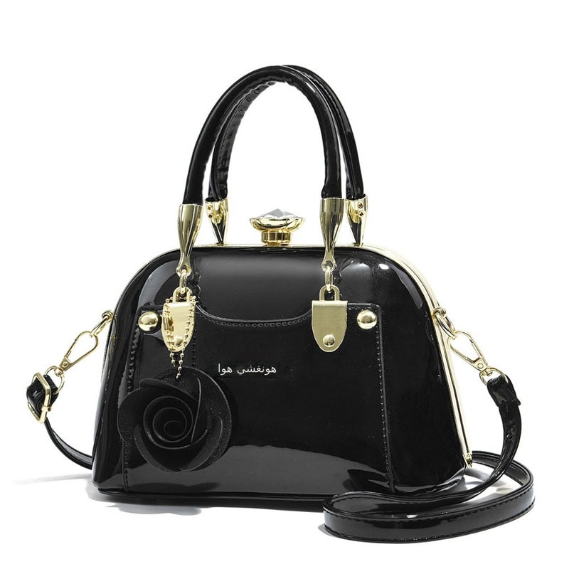 Steel armor mini shell bag, suitable for casual fashion, shiny surface, equipped with floral charm pendant, multi-functional handbag or cross-body bag, fashionable classic, lightweight and durable design - Image 5
