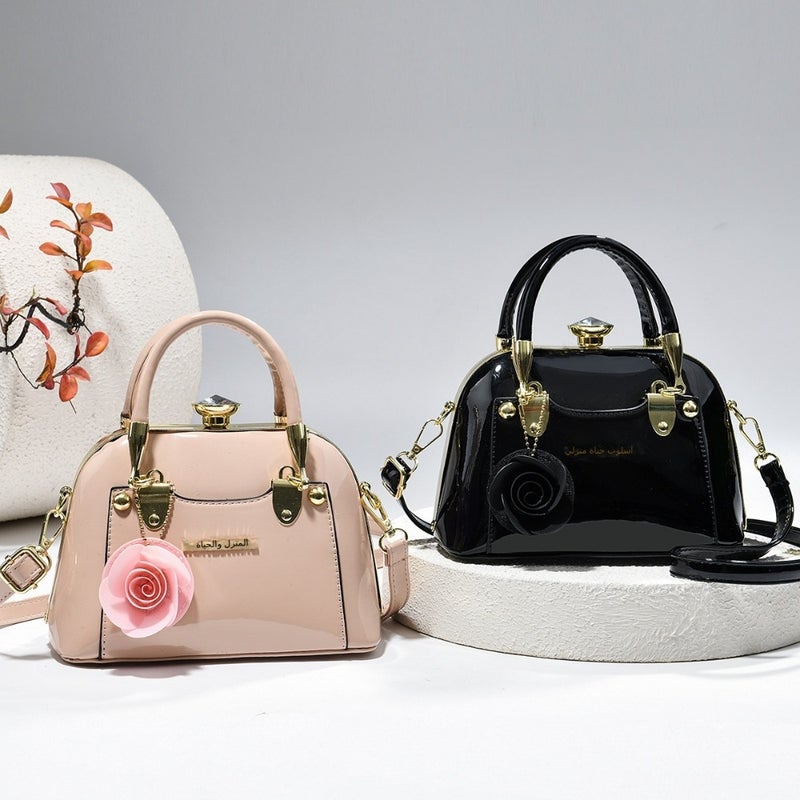 Steel armor mini shell bag, suitable for casual fashion, shiny surface, equipped with floral charm pendant, multi-functional handbag or cross-body bag, fashionable classic, lightweight and durable design - Image 2