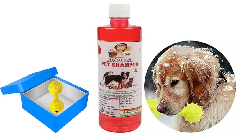 swacch Pet Shampoo + Dumbbell Toy I Durable Rubber Dog Toy for Chewing I Playing,Teeth Cleaning & Training Toy I Combo Pack I 500ml Strawberry - Image 1