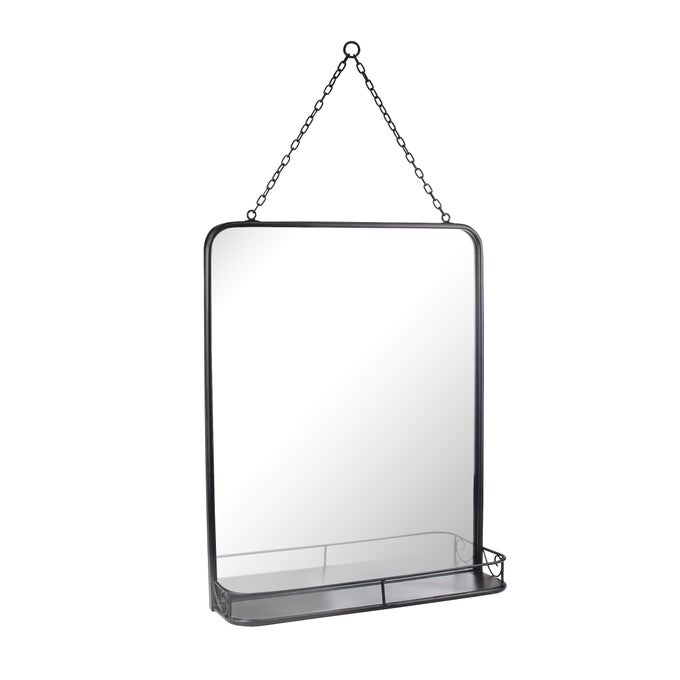 21 X 16 RECTANGLE BLACK METAL WALL MIRROR WITH HANGING CHAIN AND SHELF DECORATIVE INDUSTRIAL DECOR FOR THE LIVING ROOM BEDROOM BATHROOM HALLWAY AND ENTRYWAY