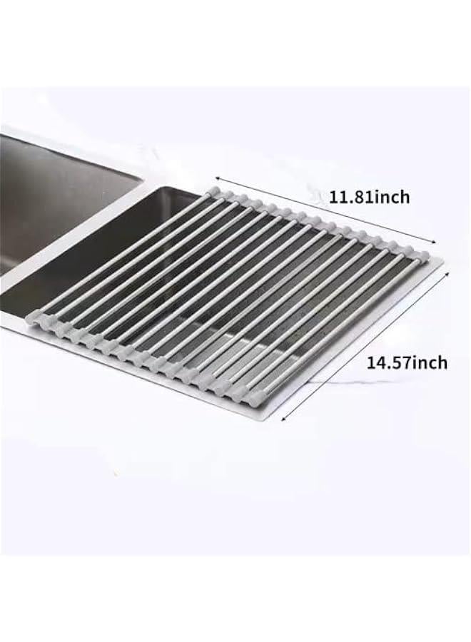Roll Up Dish Drying Rack, Sink Drying Rack Over Sink Dish Drying Rack Stainless Steel Foldable Drain Rack for Kitchen Sink Counter Utensils Vegetables and Fruits (Grey short tube,15 tubes)  - Image 2
