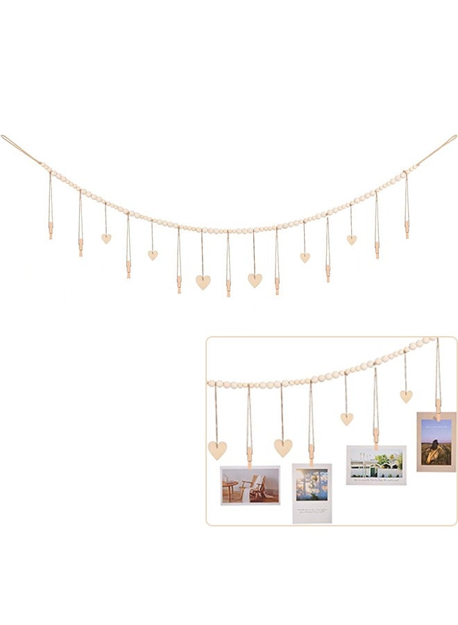 Hanging Photo Display with Clips Wall Hanging Photo Display with Wooden Beads Frame Decor for Rustic Country Decor Home Nursery Room Dorm Decor Kids Art Display (138CM) (Heart) - Image 1