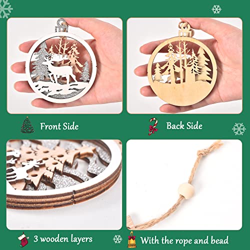 IDATOO 18pcs Christmas Ornaments, IDATOO Farmhouse Rustic Winter Wonderland Glitter Decorations, 3D Layered Scenes Wood Ornaments Holiday Decor for Winter Christmas Tree Window Door Accessories(18) - Image 4