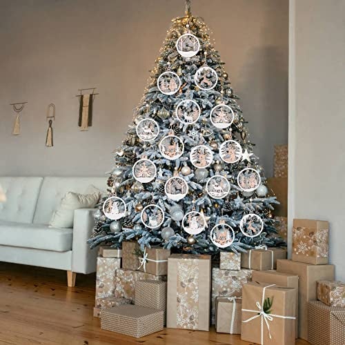IDATOO 18pcs Christmas Ornaments, IDATOO Farmhouse Rustic Winter Wonderland Glitter Decorations, 3D Layered Scenes Wood Ornaments Holiday Decor for Winter Christmas Tree Window Door Accessories(18) - Image 2
