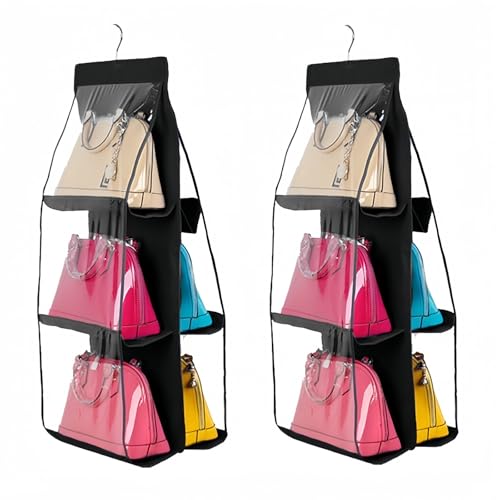 HAN SHENG 6 Pockets Clear Handbag Purse Organizer Hanging Bag Storage Space Saving Hanging Shelf for Closet Wardrobe Over Door 2 Pack Black - Image 1