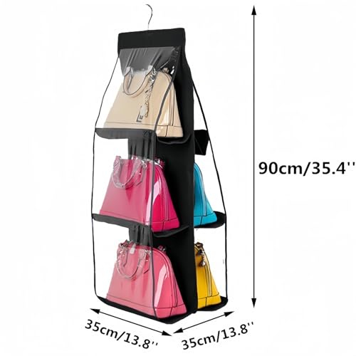 HAN SHENG 6 Pockets Clear Handbag Purse Organizer Hanging Bag Storage Space Saving Hanging Shelf for Closet Wardrobe Over Door 2 Pack Black - Image 3