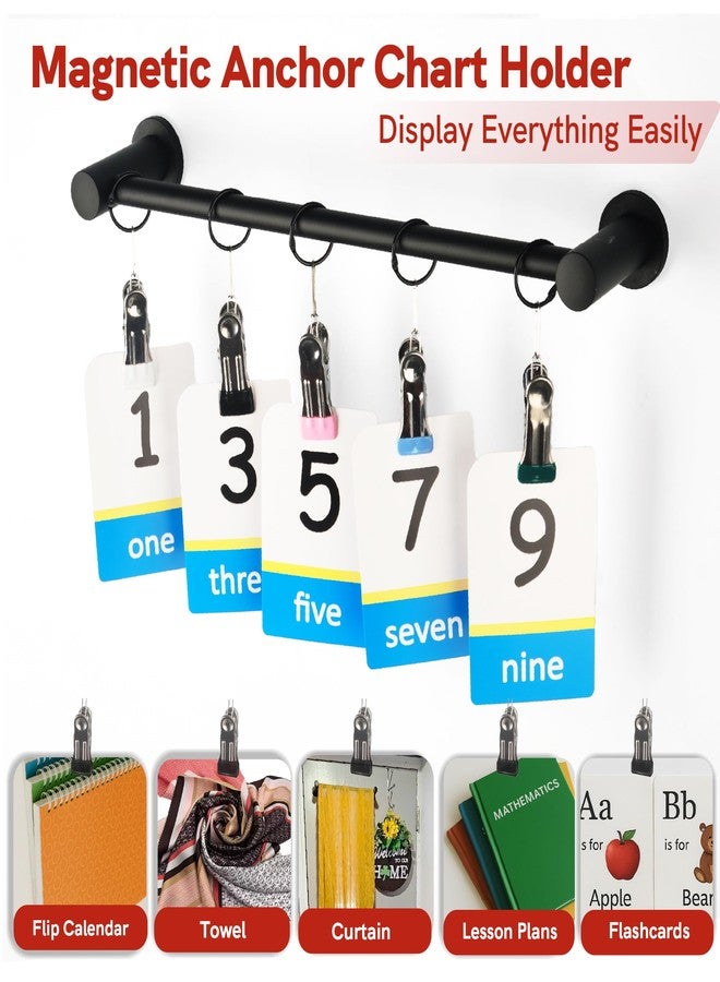 ULIBERMAGNET Magnetic Anchor Chart Holder, Magnetic Calendar Bar for Classroom Whiteboard, Black Adjustable Rod Charts, Flip Calendar Rod with 5 Rings + 5 Clips for Multi-Purpose Hanging - Image 2