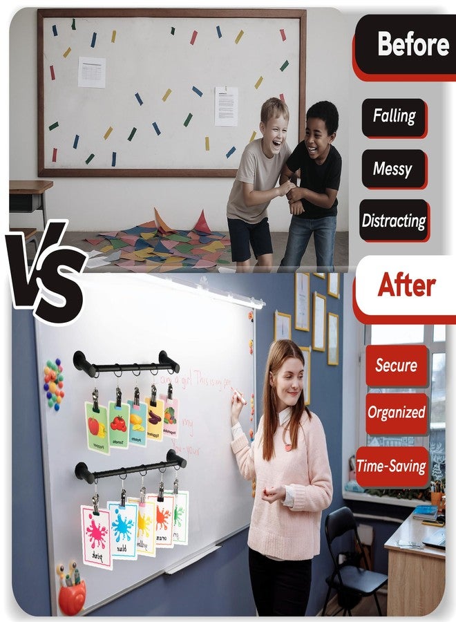 ULIBERMAGNET Magnetic Anchor Chart Holder, Magnetic Calendar Bar for Classroom Whiteboard, Black Adjustable Rod Charts, Flip Calendar Rod with 5 Rings + 5 Clips for Multi-Purpose Hanging - Image 3