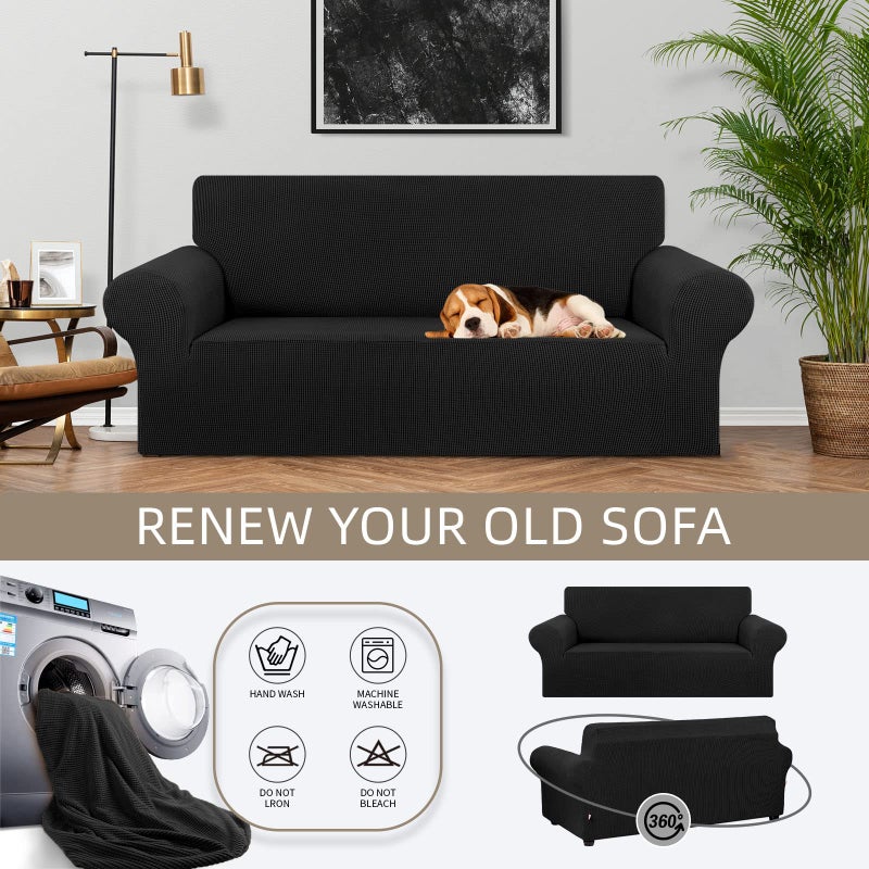 KEKUOU Stretch Loveseat Sofa Cover Slipcover,Couch Covers for 2 Cushion Couch Sofa (55"-78") Furniture Protector Sofa with Elastic Bottom for Kids,Dog. Jacquard Small Checked (Medium,Black) - Image 3