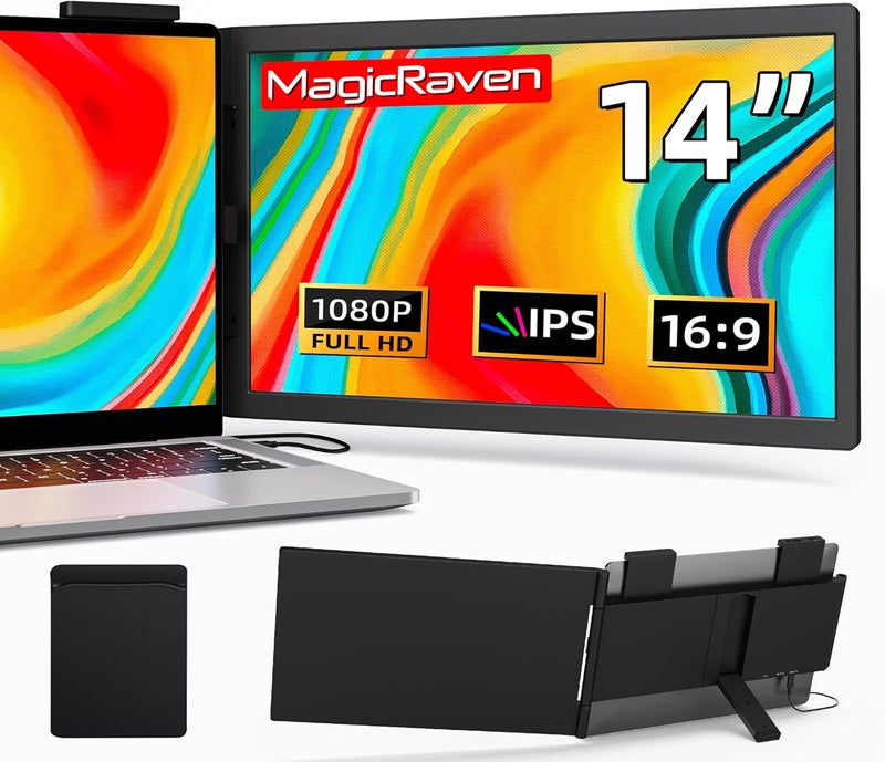 MagicRaven Laptop Screen Extender, 14" 1080P Dual Screen, 250° Rotation Portable Monitor for Laptop, Travel Display for 14-17'' Laptop with USB-C/HDMI Port, Plug & Play for Windows/Mac - Image 1