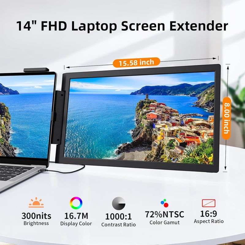 MagicRaven Laptop Screen Extender, 14" 1080P Dual Screen, 250° Rotation Portable Monitor for Laptop, Travel Display for 14-17'' Laptop with USB-C/HDMI Port, Plug & Play for Windows/Mac - Image 2