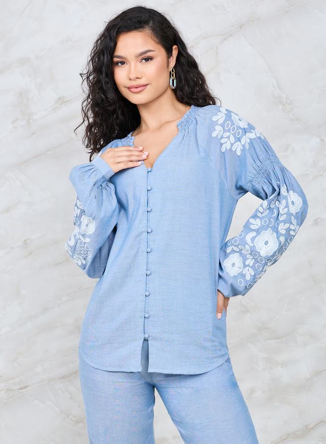 Styli Floral Embroidered Sleeve Button Front Shirt & Pants Co-Ord - Image 3