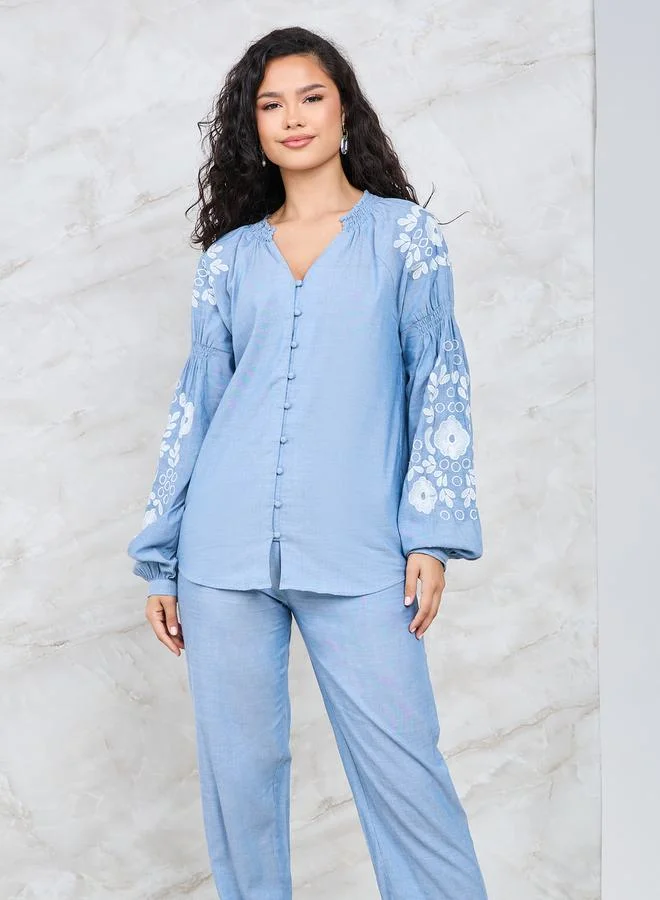 Styli Floral Embroidered Sleeve Button Front Shirt & Pants Co-Ord