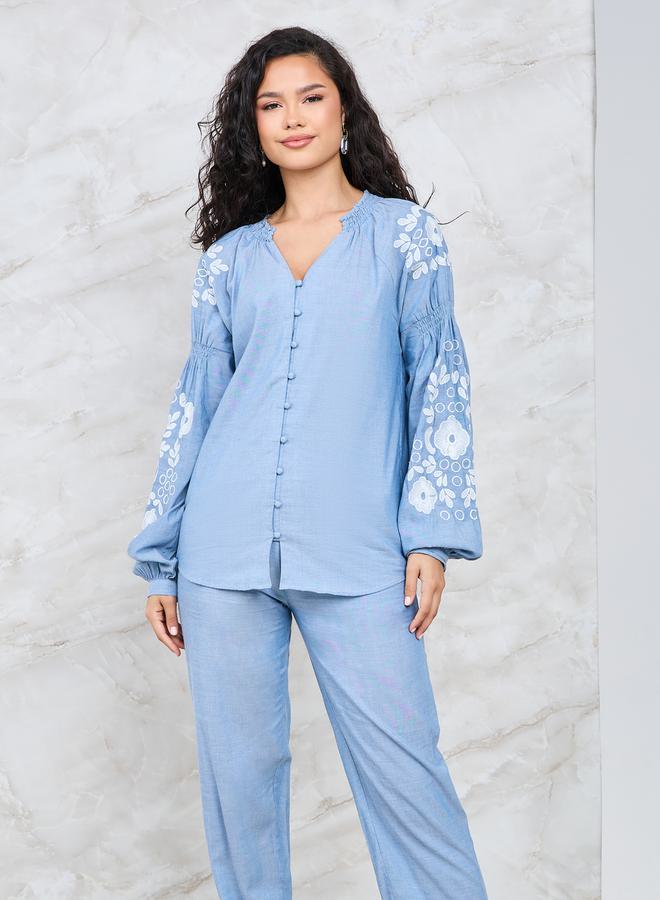 Styli Floral Embroidered Sleeve Button Front Shirt & Pants Co-Ord - Image 2
