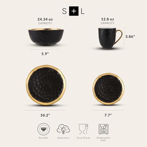 Stone Lain Florian Modern Porcelain 16 Piece Dinnerware Set, Plates and Bowls Set, Dish set for 4, Black And Golden Rim - Image 2