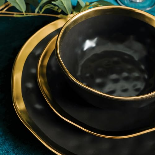 Stone Lain Florian Modern Porcelain 16 Piece Dinnerware Set, Plates and Bowls Set, Dish set for 4, Black And Golden Rim - Image 3