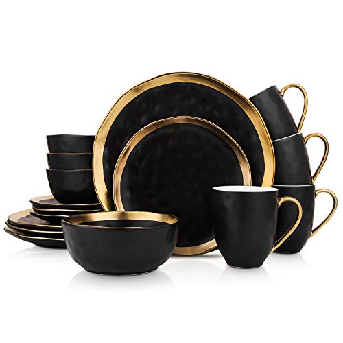 Stone Lain Florian Modern Porcelain 16 Piece Dinnerware Set, Plates and Bowls Set, Dish set for 4, Black And Golden Rim - Image 1