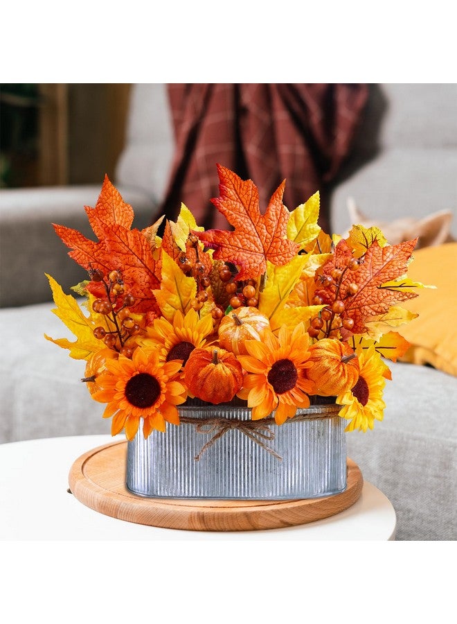 Winlyn Winlyn 10" Fall Floral Arrangement in Galvanized Metal Oval Planter Artificial Autumn Harvest Maple Leaf Floral Stems Faux Potted Plants Table Centerpiece for Farmhouse Wedding Home Mantel Décor  - Image 5