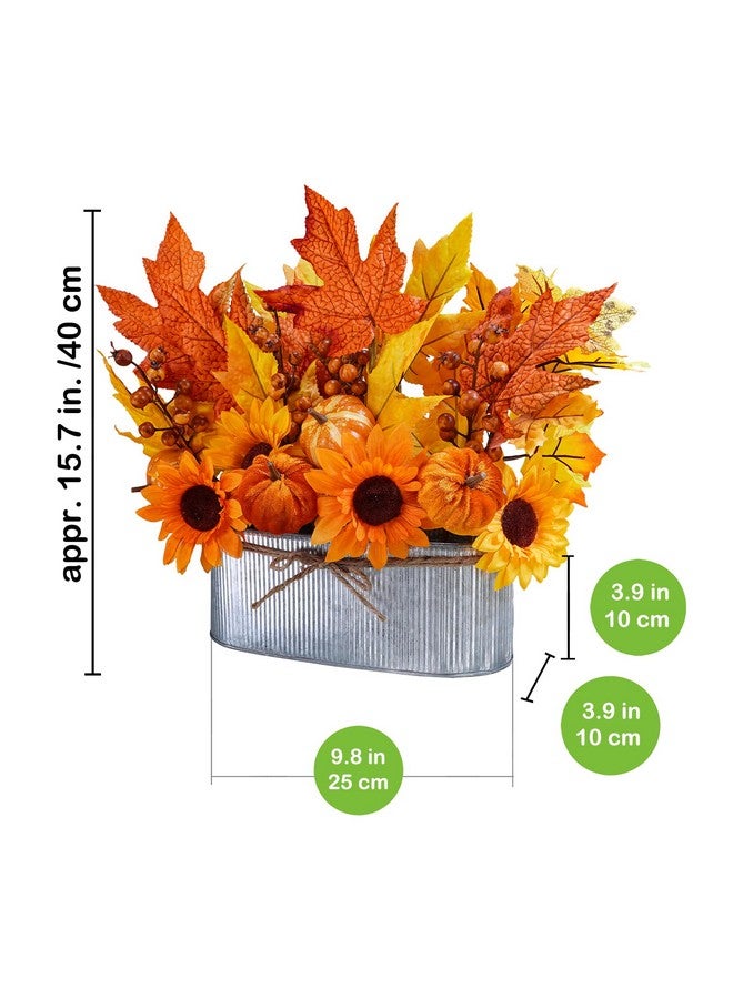 Winlyn Winlyn 10" Fall Floral Arrangement in Galvanized Metal Oval Planter Artificial Autumn Harvest Maple Leaf Floral Stems Faux Potted Plants Table Centerpiece for Farmhouse Wedding Home Mantel Décor  - Image 3