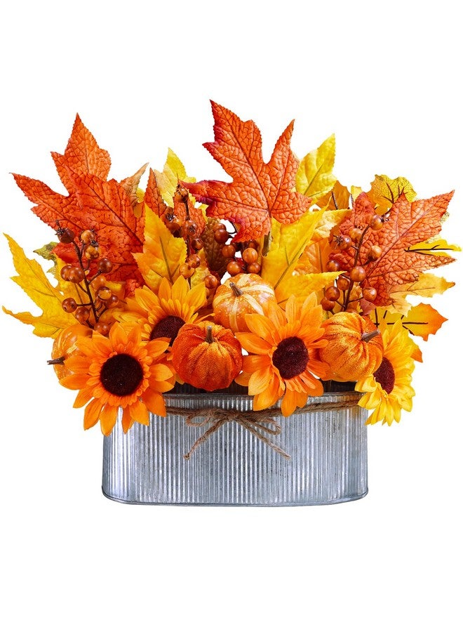 Winlyn Winlyn 10" Fall Floral Arrangement in Galvanized Metal Oval Planter Artificial Autumn Harvest Maple Leaf Floral Stems Faux Potted Plants Table Centerpiece for Farmhouse Wedding Home Mantel Décor  - Image 1