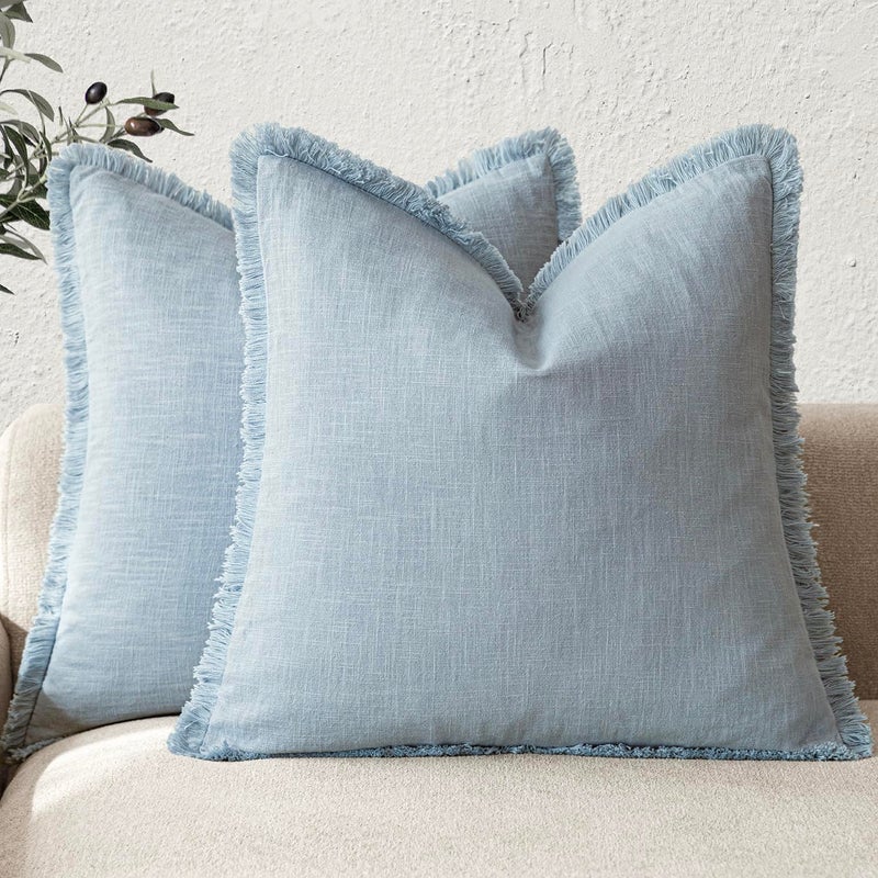 Foindtower Set of 2 Decorative Linen Fringe Throw Pillow Covers Boho Farmhouse Cushion Cover with Tassels Soft Accent Pillowcase for Couch Chair Sofa Bed Living Room Home Decor2020 InchSky Blue