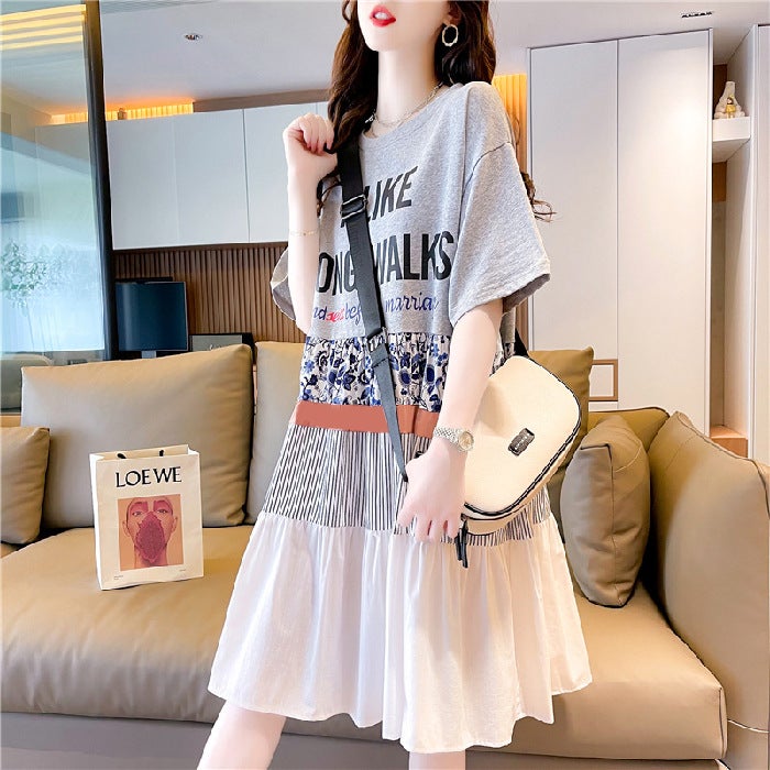 Summer pleated dress womens 2022 design color-inserted letter printed mid-length short sleeve plus size T-shirt dress Gray