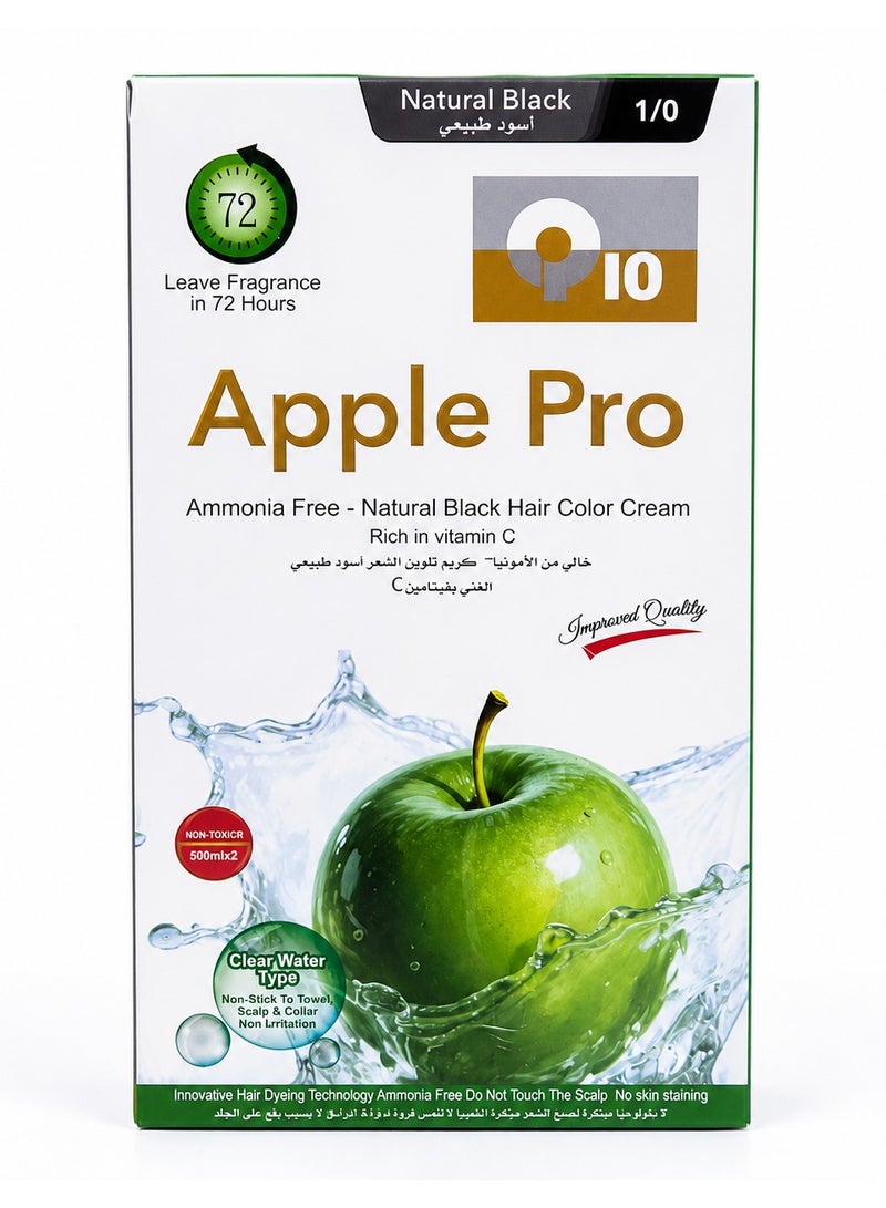Apple Pro Hair Color Cream Ammonia-Free 1/0 Natural Black Dye Clear Water Type (500ml x 2) - Image 1