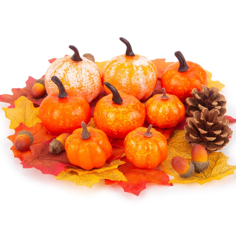 HANSGO 50 PCS Fall Decorations Artificial Pumpkins and Gourds Set 8 PCS Fake Pumpkins with 42PCS Pinecones Acorns and Maple Leaves for Harvest Pumpkin Tables Centerpiece Fall Wedding Decor