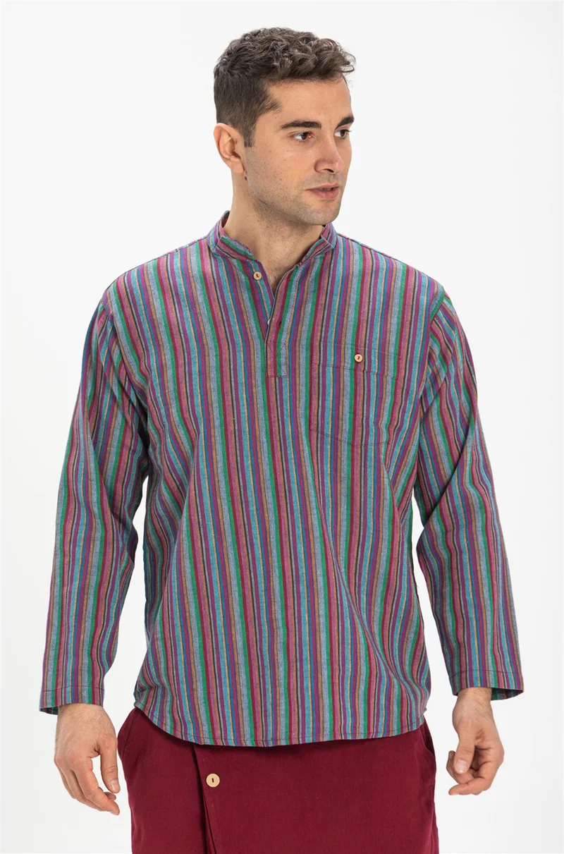 اليش شيل بيزي Long Sleeve Şile Cloth Single Pocket Judge Collar Men's Tshirt Purple Striped 3072