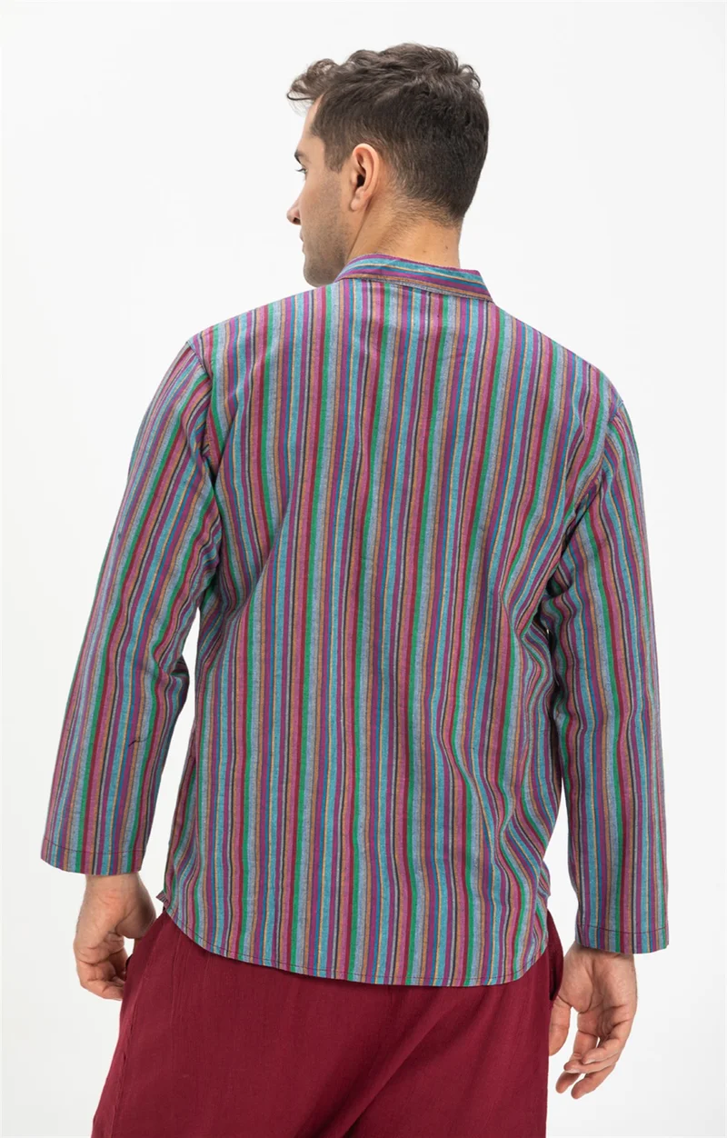 اليش شيل بيزي Long Sleeve Şile Cloth Single Pocket Judge Collar Men's Tshirt Purple Striped 3072