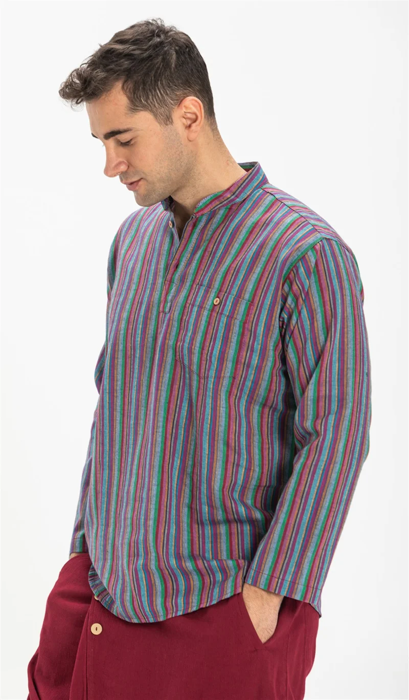 اليش شيل بيزي Long Sleeve Şile Cloth Single Pocket Judge Collar Men's Tshirt Purple Striped 3072