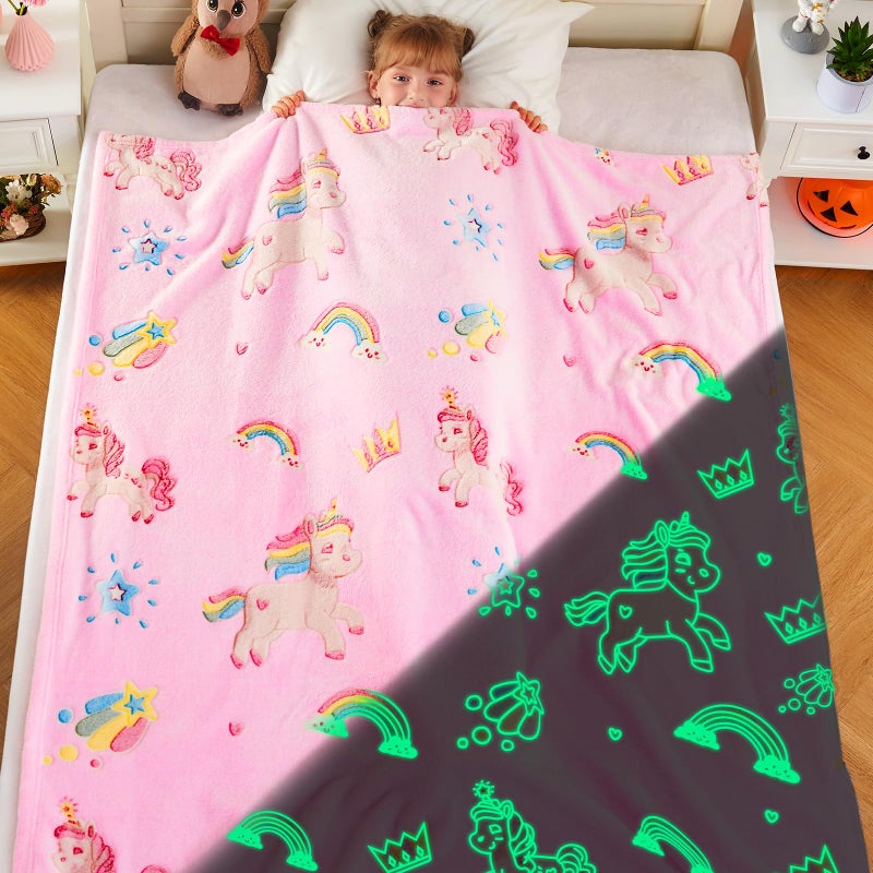 inhand Pink Unicorn Gift for Girl Glow in The Dark Blanket Unicorn Toys Kids Throw Blanket for Couch Soft Fleece Blanket Gift for 412 Girls Fuzzy Room Decor Birthday Gifts 50X60 Pink