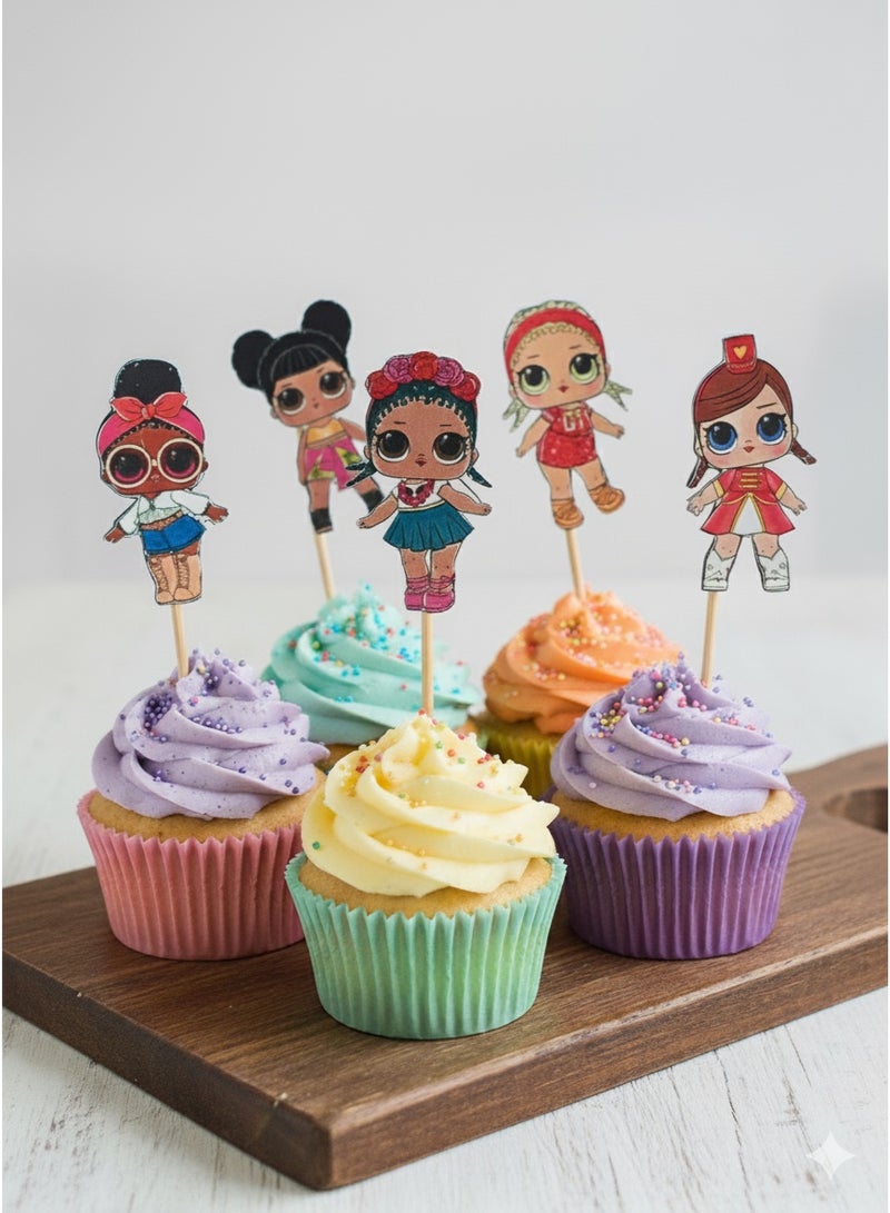 Girl's Dolls Cupcakes Toppers paper cardboard Birthday Party Supplies - 12 Pieces - Image 1