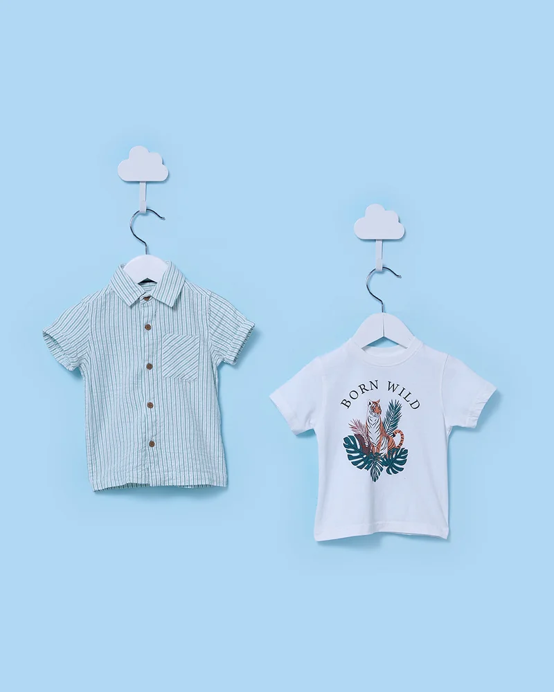 Redtag Infant Boys Blue Striped Pack of 2 Shirts