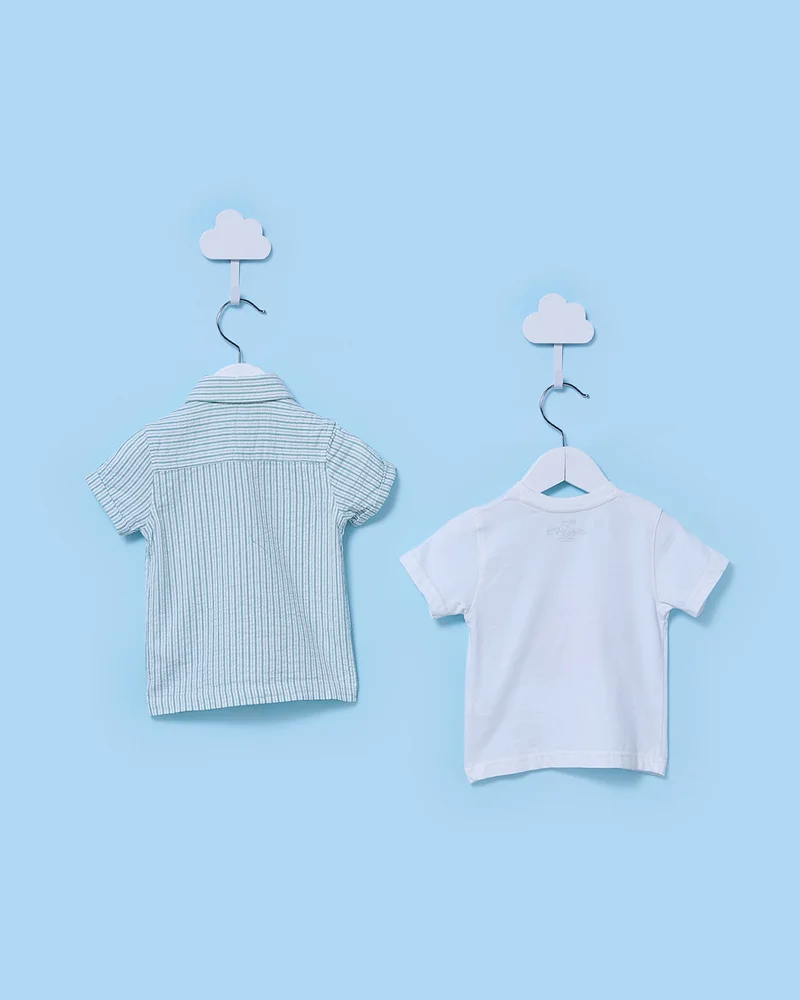 Redtag Infant Boys Blue Striped Pack of 2 Shirts