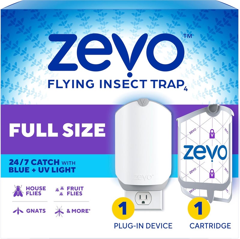 ZEVO Flying Insect Trap - Plug-in Indoor Fly Trap and Bug Light Trap Refill with Blue and UV Light - No-Mess Cartridge for House Flies, Fruit Fly Trap and Gnats (1 Plug-in Base and 1 Cartridge) - Image 1