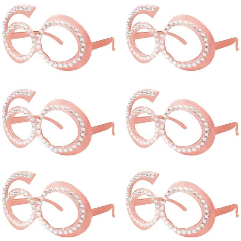 Pagather 60th Birthday Glasses - 6 Pairs Rose Gold 60 Years Old Glasses with Rhinestones Frame, Funny Plastic Costume Photo Booth Props for 60th Anniversary Party Decorations - Image 1