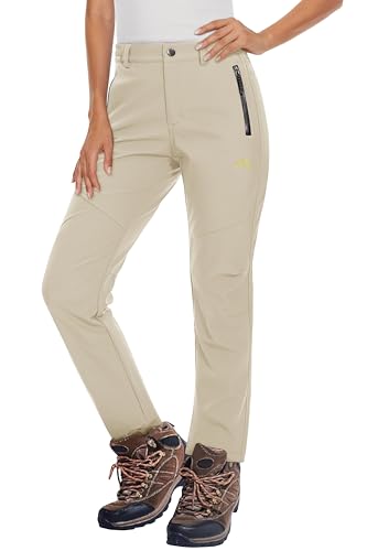 MAGCOMSEN Womens Ski Pants Waterproof Insulated Hiking Pants Cold Weather Thermal Warm Fleece Lined Winter Pant Beige XL